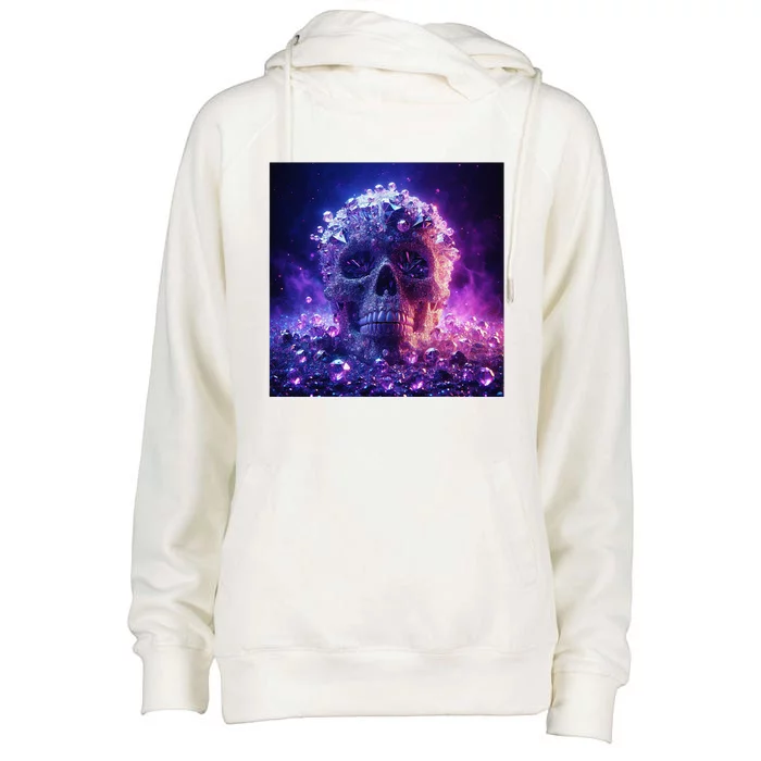 Diamond Covered Skull With Violet Colors And Crystal Gems Womens Funnel Neck Pullover Hood