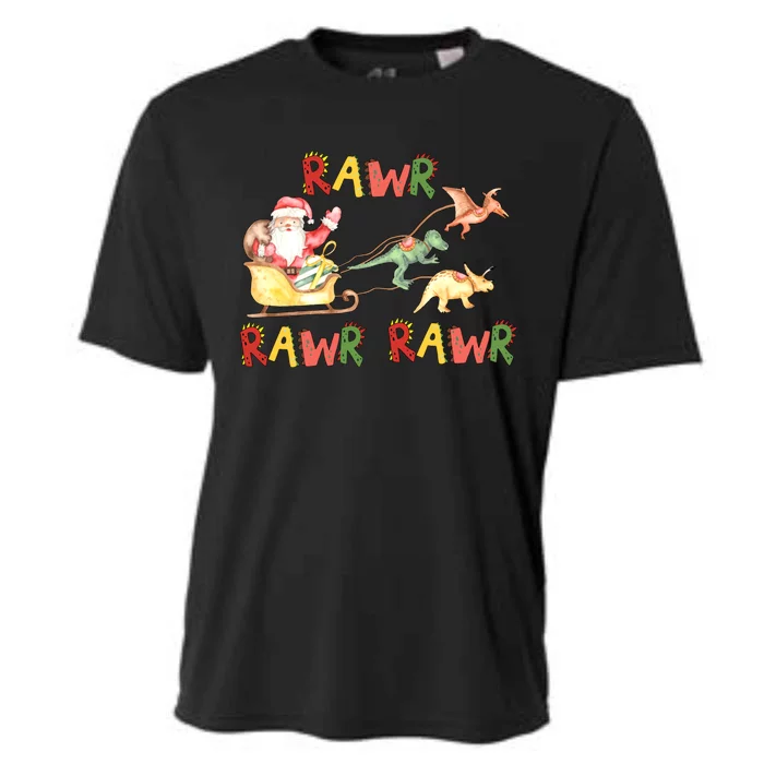 Dinosaur Christmas Santa Sleigh Rawr Rawr Rawr Xmas Holiday Gift Cooling Performance Crew T-Shirt