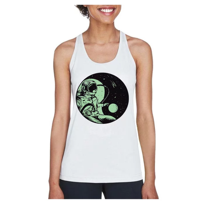 Dark Colored Space Astronaut Flying With Planets And Stars Women's Racerback Tank