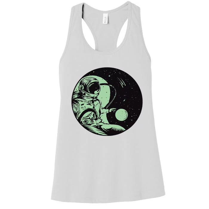 Dark Colored Space Astronaut Flying With Planets And Stars Women's Racerback Tank