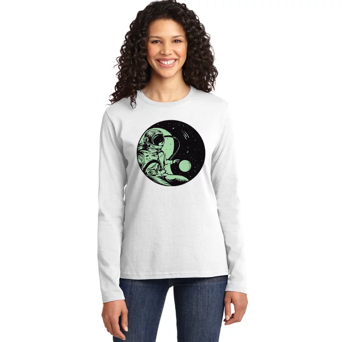 Dark Colored Space Astronaut Flying With Planets And Stars Ladies Long Sleeve Shirt