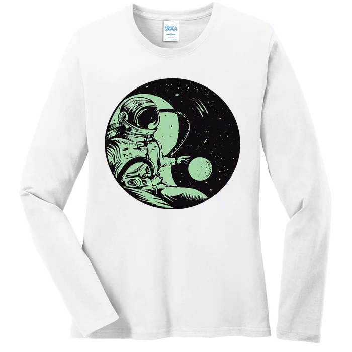 Dark Colored Space Astronaut Flying With Planets And Stars Ladies Long Sleeve Shirt