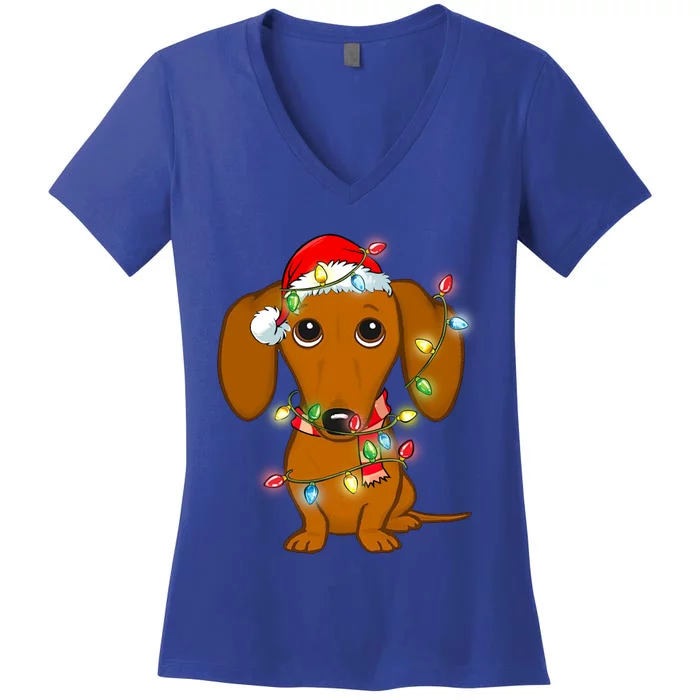 Dachshund Christmas Tree Dachshund Santa Hat Light Xmas Gift Women's V-Neck T-Shirt