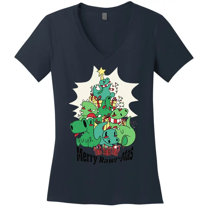 Dinosaur Christmas Tree TRex Idea & Dino Xmas Outfit Women's V-Neck T-Shirt