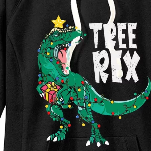 Dinosaur Christmas Tree Rex Pajamas Xmas Lights Women's Fleece Hoodie