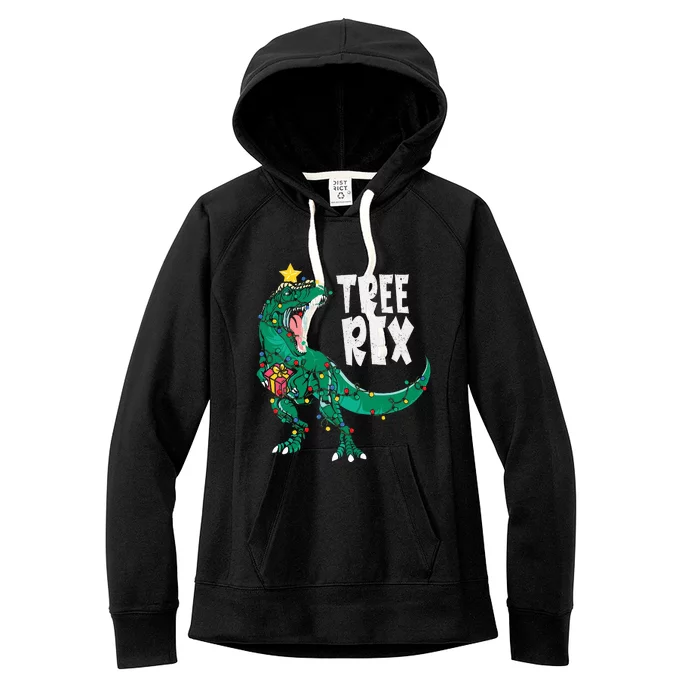 Dinosaur Christmas Tree Rex Pajamas Xmas Lights Women's Fleece Hoodie