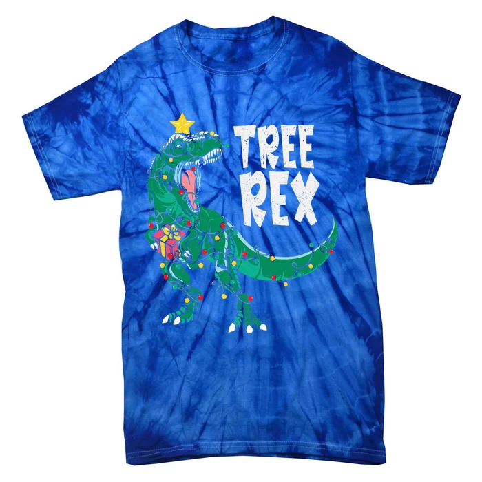 Dinosaur Christmas Tree Rex Pajamas Xmas Lights Tie-Dye T-Shirt