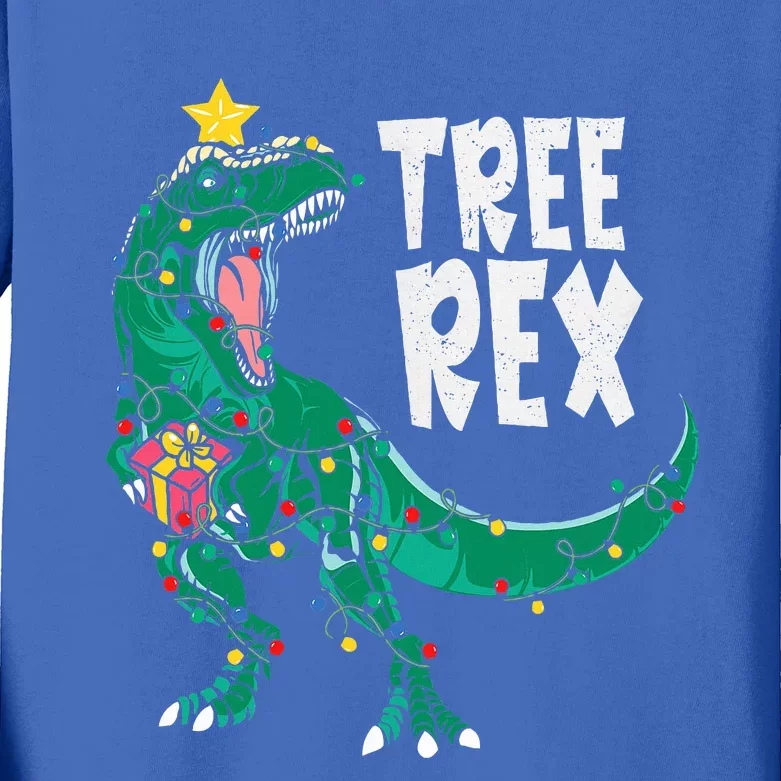 Dinosaur Christmas Tree Rex Pajamas Xmas Lights Kids Long Sleeve Shirt