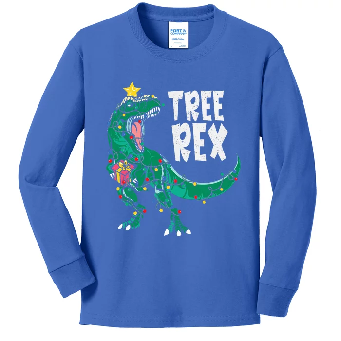 Dinosaur Christmas Tree Rex Pajamas Xmas Lights Kids Long Sleeve Shirt