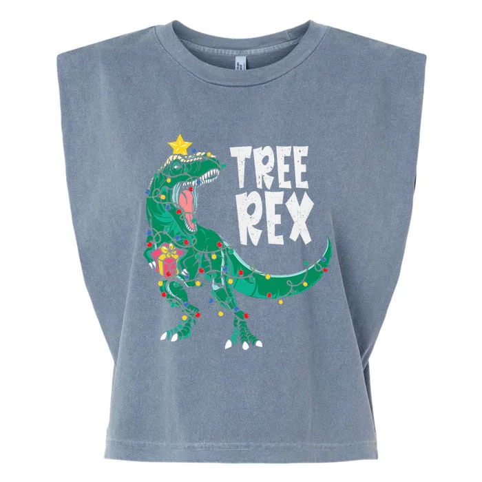 Dinosaur Christmas Tree Rex Pajamas Xmas Lights Garment-Dyed Women's Muscle Tee