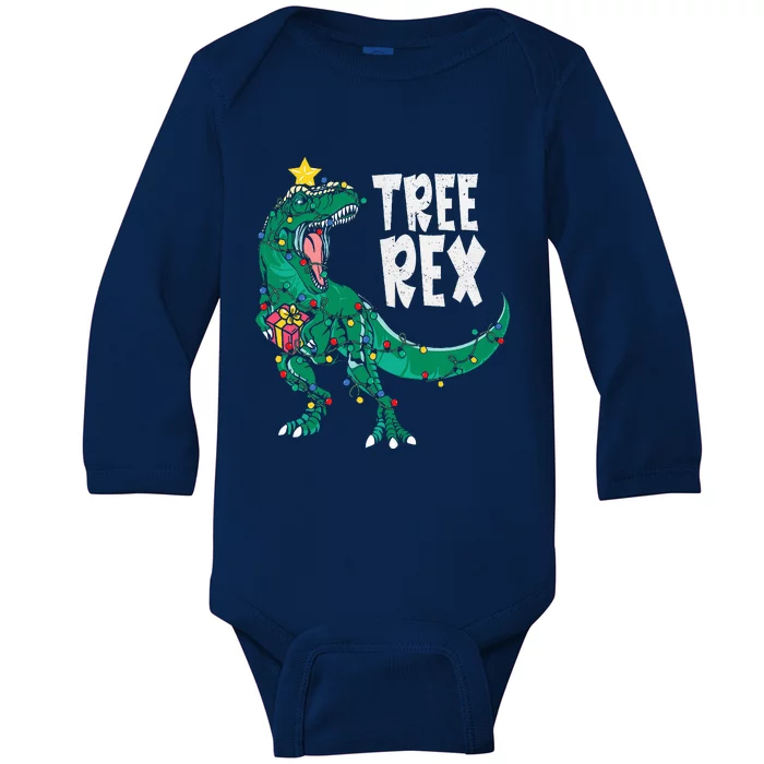 Dinosaur Christmas Tree Rex Pajamas Xmas Lights Baby Long Sleeve Bodysuit