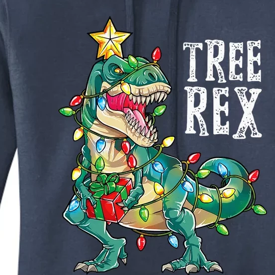 Dinosaur Christmas Tree Rex Pajamas Xmas Lights Women's Pullover Hoodie