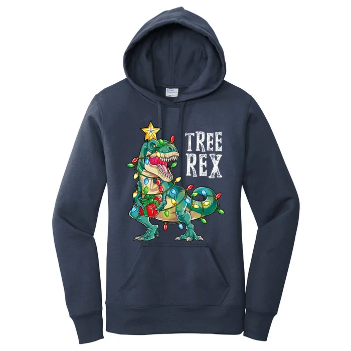 Dinosaur Christmas Tree Rex Pajamas Xmas Lights Women's Pullover Hoodie