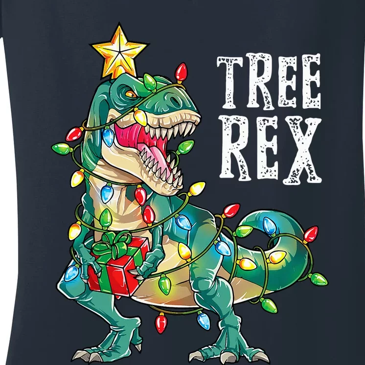 Dinosaur Christmas Tree Rex Pajamas Xmas Lights Women's V-Neck T-Shirt