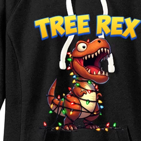 Dinosaur Christmas Tree Rex Cartoon Xmas Lights Gift Women's Fleece Hoodie