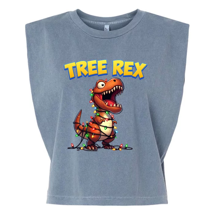 Dinosaur Christmas Tree Rex Cartoon Xmas Lights Gift Garment-Dyed Women's Muscle Tee