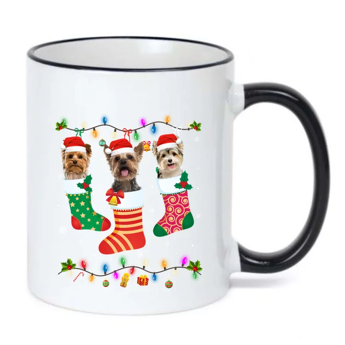 Dog Christmas Three Yorkshire Terrier Dog In Christmas Sock Gift Black Color Changing Mug