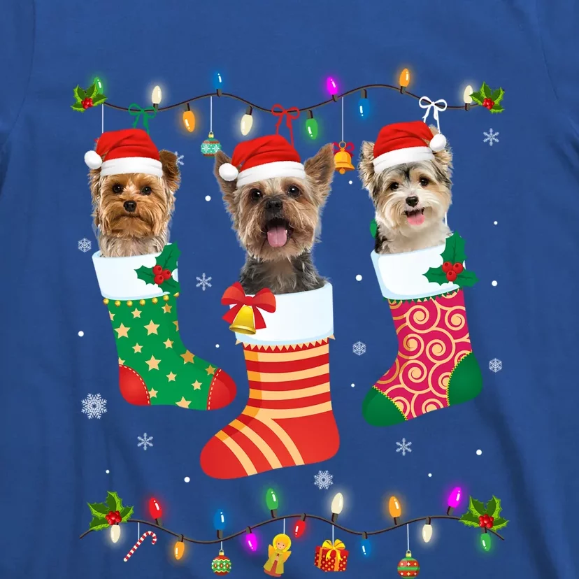 Dog Christmas Three Yorkshire Terrier Dog In Christmas Sock Gift T-Shirt