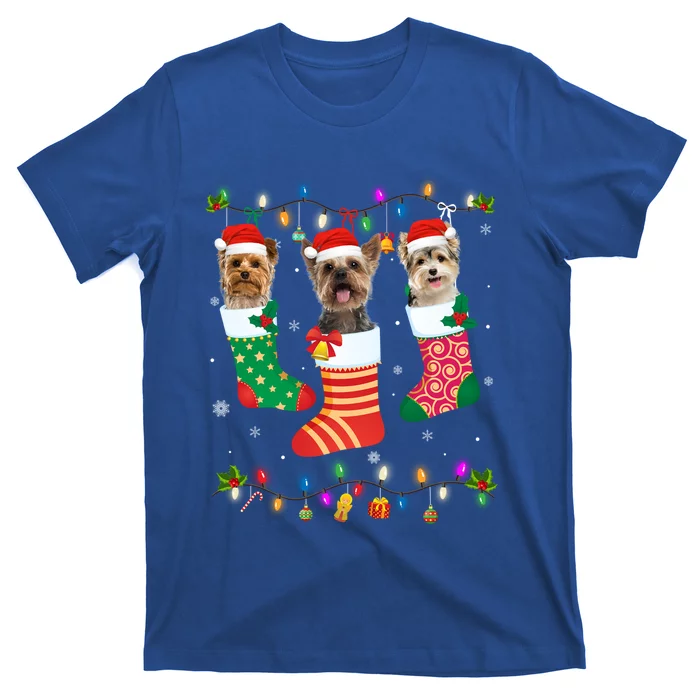 Dog Christmas Three Yorkshire Terrier Dog In Christmas Sock Gift T-Shirt