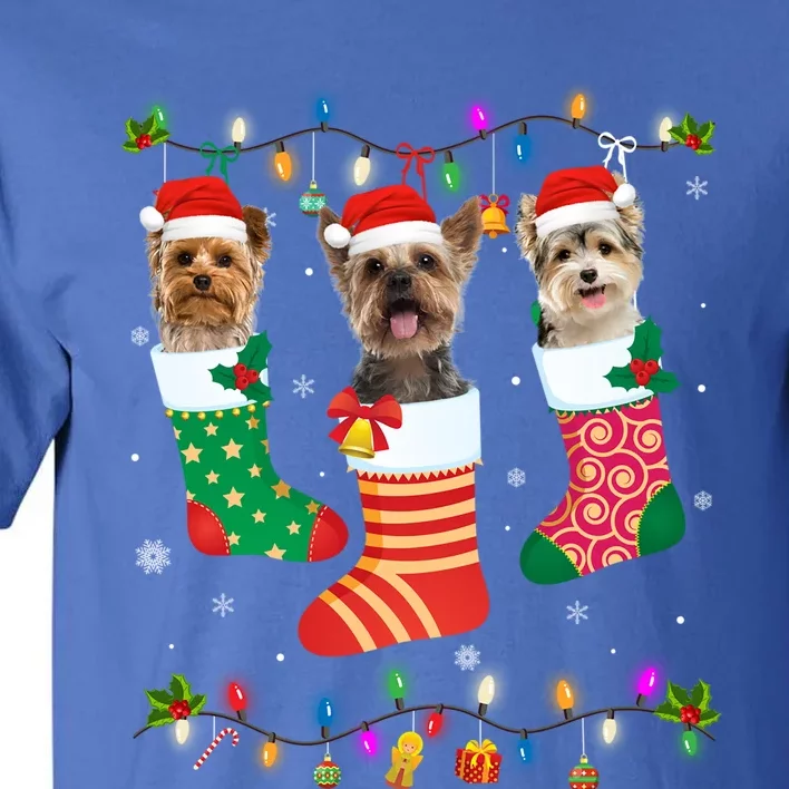 Dog Christmas Three Yorkshire Terrier Dog In Christmas Sock Gift Tall T-Shirt