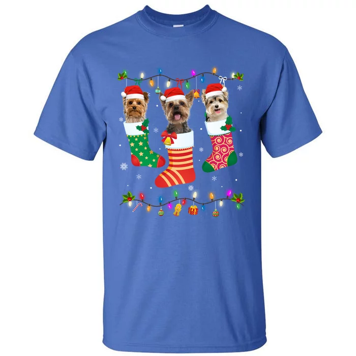 Dog Christmas Three Yorkshire Terrier Dog In Christmas Sock Gift Tall T-Shirt