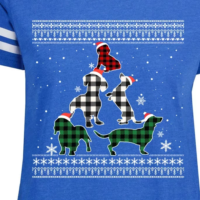 Dachshund Christmas Tree Ugly Buffalo Plaid Red White Green Gift Enza Ladies Jersey Football T-Shirt