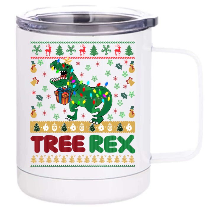 Dinosaur Christmas Tree Rex Ugly Xmas Sweater Cute Gift Front & Back 12oz Stainless Steel Tumbler Cup