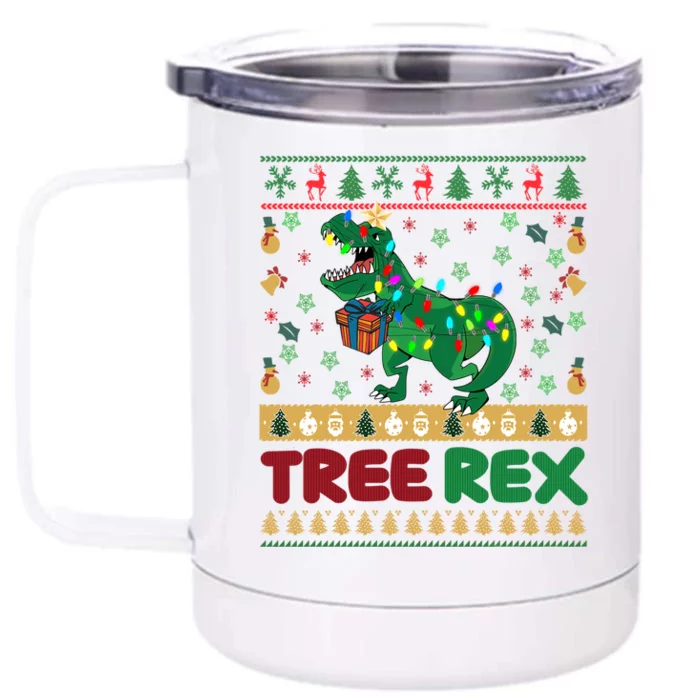 Dinosaur Christmas Tree Rex Ugly Xmas Sweater Cute Gift Front & Back 12oz Stainless Steel Tumbler Cup