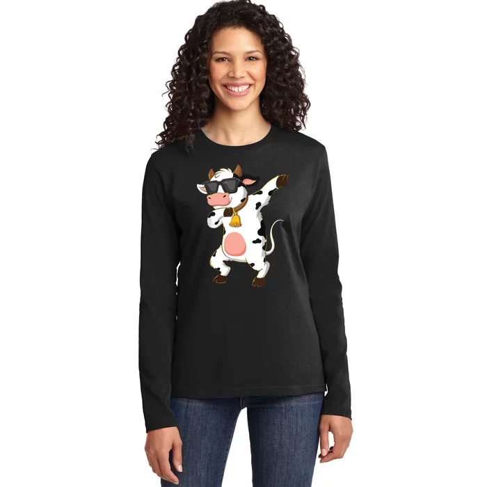 Dabbing Cow Wearing Sunglasses Dab Dance Ladies Long Sleeve Shirt