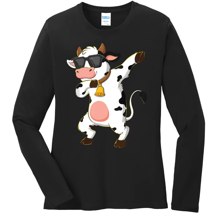 Dabbing Cow Wearing Sunglasses Dab Dance Ladies Long Sleeve Shirt