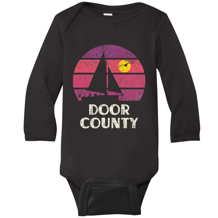 Door County Wi Sailing Retro 70s Vintage Sunset Sailboat Baby Long Sleeve Bodysuit