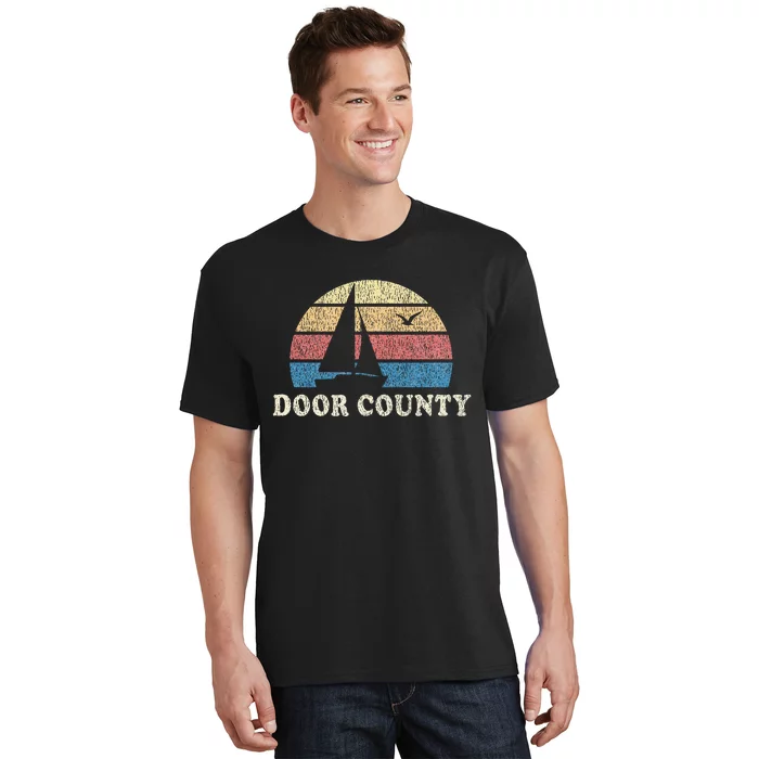 Door County Wi Vintage Sailboat 70s Throwback Sunset T-Shirt