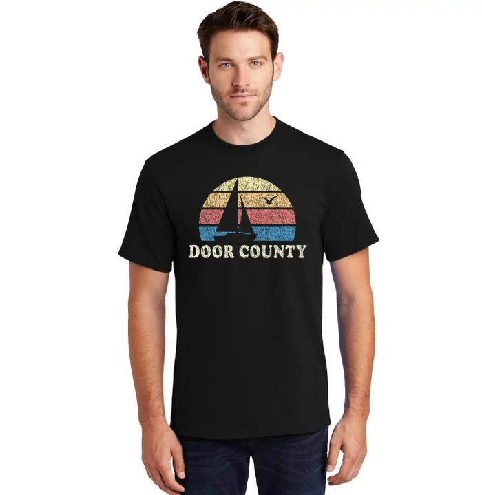 Door County Wi Vintage Sailboat 70s Throwback Sunset Tall T-Shirt