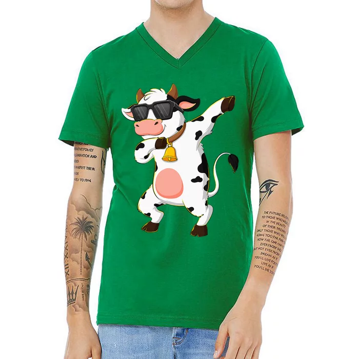 Dabbing Cow Wearing Sunglasses Dab Dance V-Neck T-Shirt