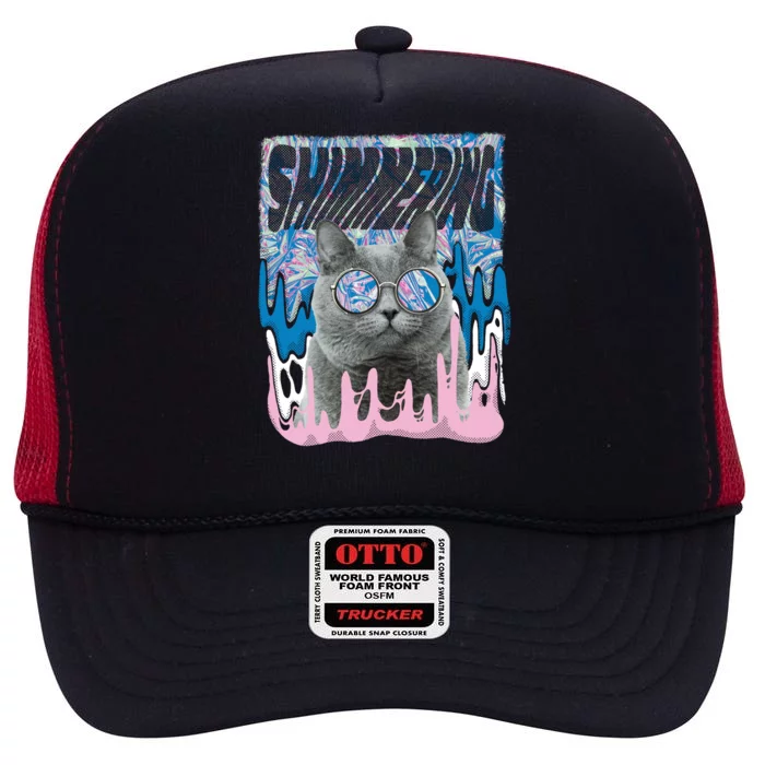 Dazed Cat With Glasses High Crown Mesh Trucker Hat