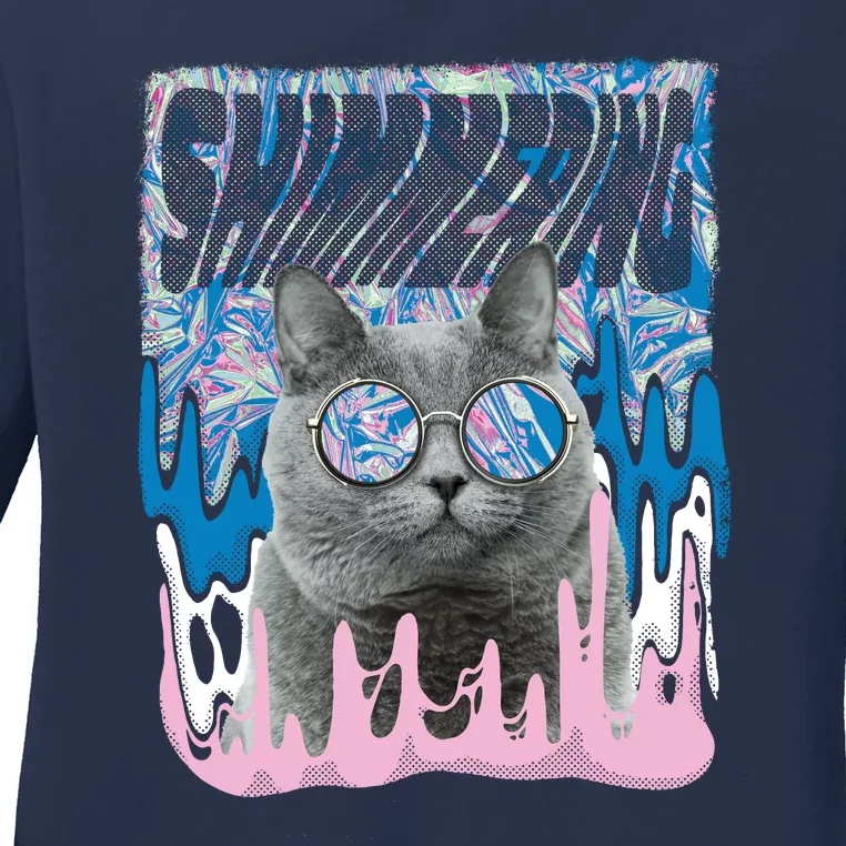 Dazed Cat With Glasses Ladies Long Sleeve Shirt