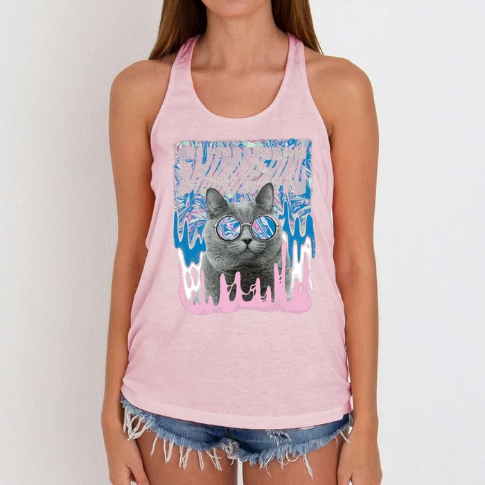 Dazed Cat With Glasses Women's Knotted Racerback Tank