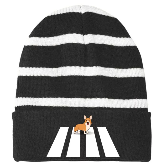 Dog Corgi Walk Over Crosswalk Striped Beanie with Solid Band