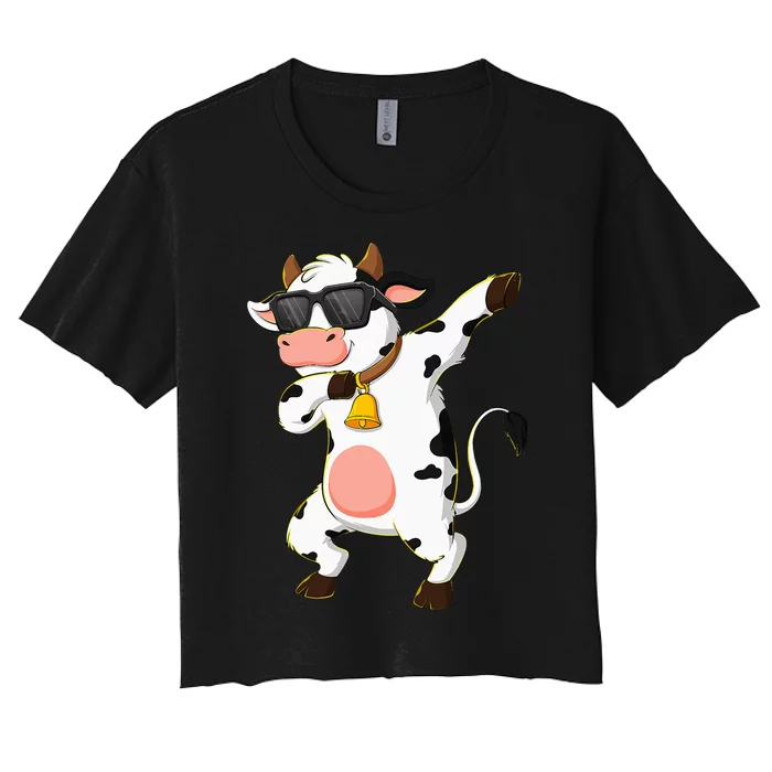 Dabbing Cow Wearing Sunglasses Dab Dance Kids Women's Crop Top Tee