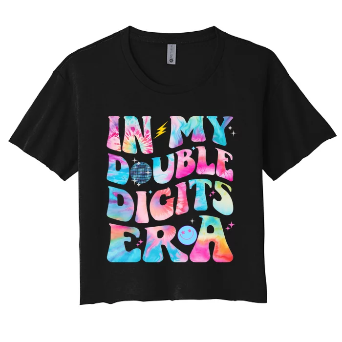 Double Digits 10th Birthday Party Tie Dye Groovy 70's Women's Crop Top Tee