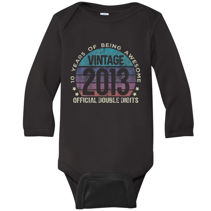 Double Digits 10th Birthday 10 Year Old Vintage Funny Love Baby Long Sleeve Bodysuit