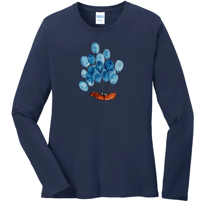 Dachshund Dog And Balloons Ladies Long Sleeve Shirt