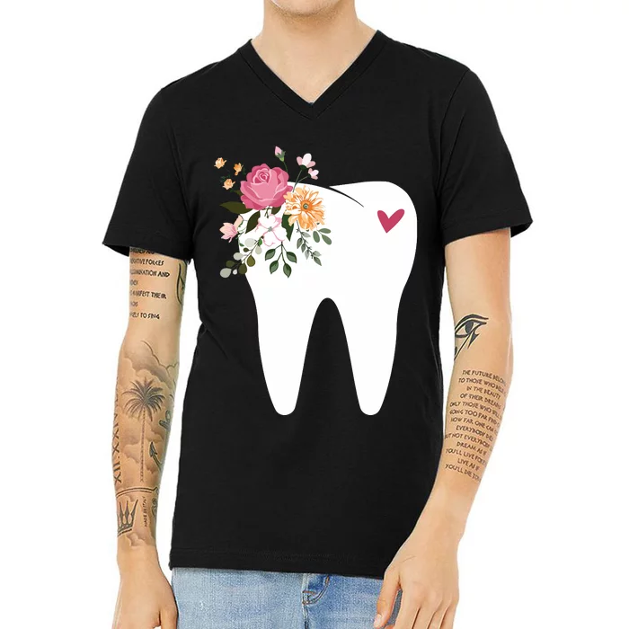 Dentist Dental Assistant Oral Hygienist Tooth Flower V-Neck T-Shirt