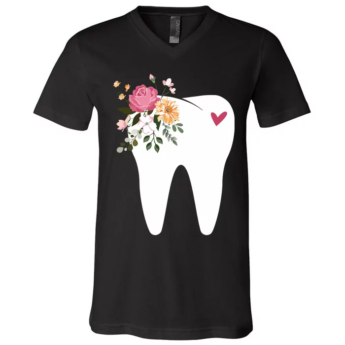 Dentist Dental Assistant Oral Hygienist Tooth Flower V-Neck T-Shirt