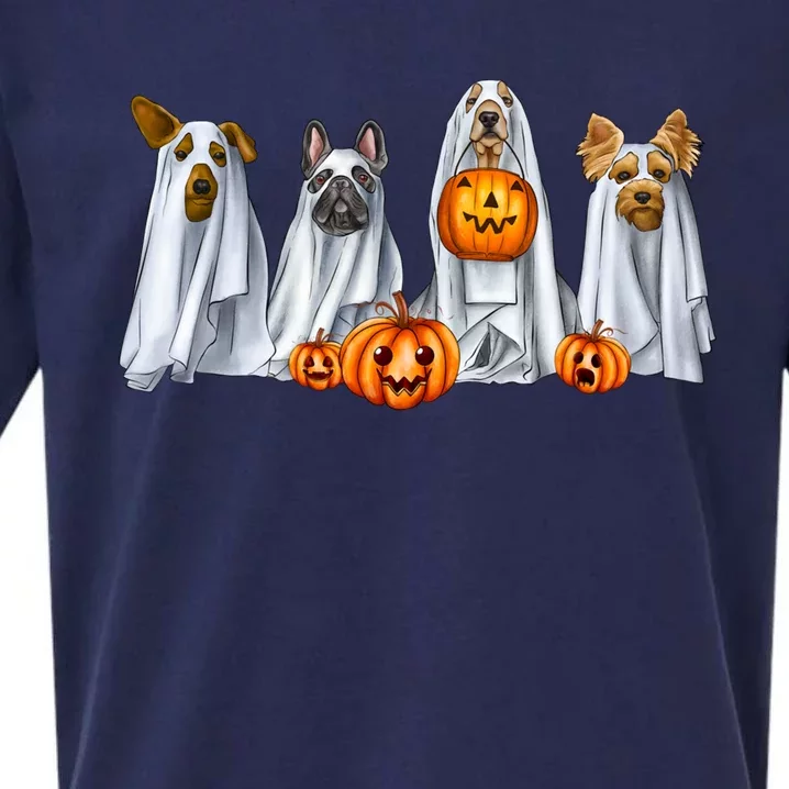 Dog Dressed As Ghost Spooky Season Ghost Dogs Halloween Gift Sueded Cloud Jersey T-Shirt