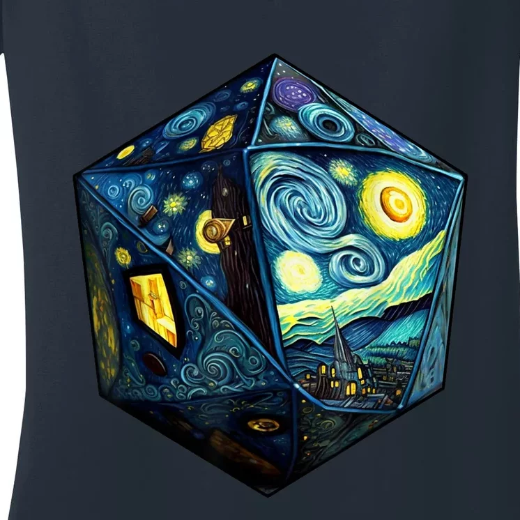 D20 Dice Art Van Gogh Starry Night Cool Realistic D20 Dice Women's V-Neck T-Shirt