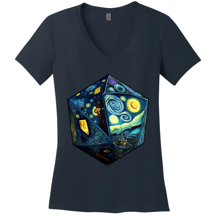 D20 Dice Art Van Gogh Starry Night Cool Realistic D20 Dice Women's V-Neck T-Shirt