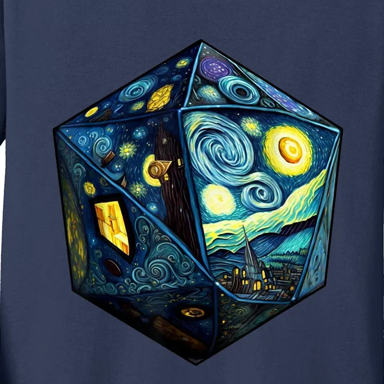 D20 Dice Art Van Gogh Starry Night Cool Realistic D20 Dice Kids Long Sleeve Shirt