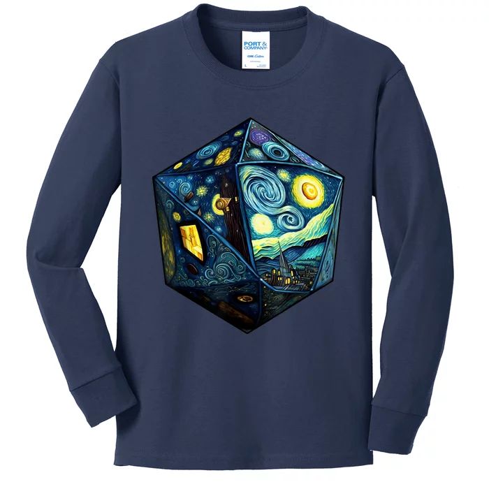 D20 Dice Art Van Gogh Starry Night Cool Realistic D20 Dice Kids Long Sleeve Shirt