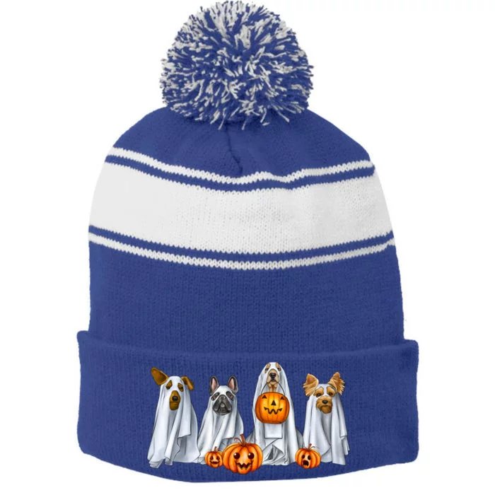 Dog Dressed As Ghost Spooky Season Ghost Dogs Halloween Gift Stripe Pom Pom Beanie